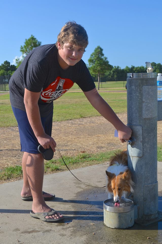 Boy with dog drinking water