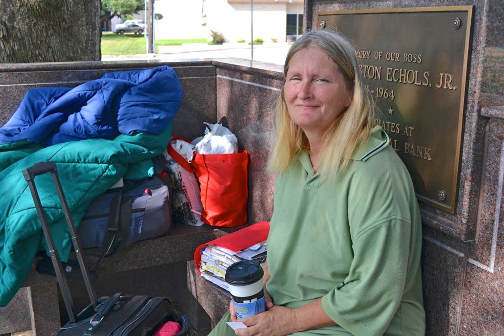 Homeless woman at library