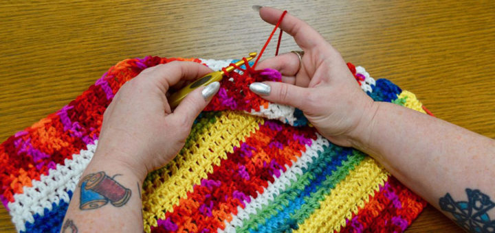 Cameo Brown crocheting