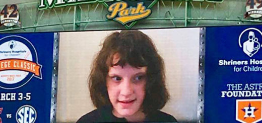 Abigail Huckaby's photo appears on the scoreboard at Minute Maid Park