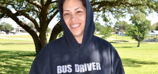 Miriam Quintero wears a sweatshirt that says bus driver on it
