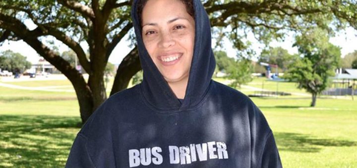 Miriam Quintero wears a sweatshirt that says bus driver on it