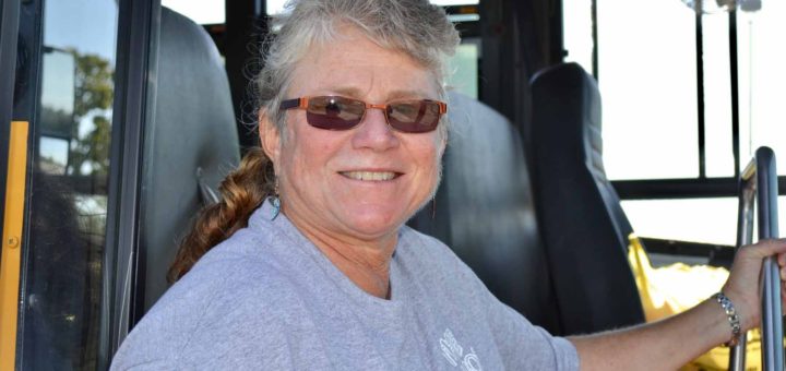 Theresa Cain getting on a school bus