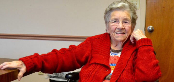 Marjorie Yeager sits in a wheelchair