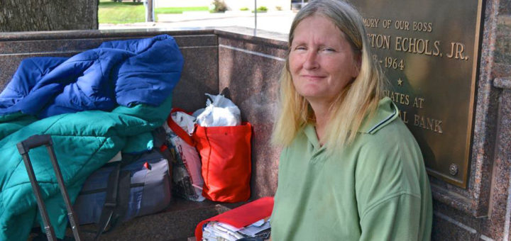 Homeless woman at library