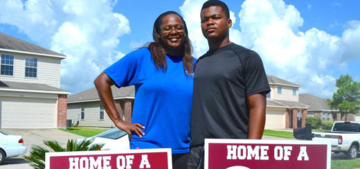 Mother and son in front yard