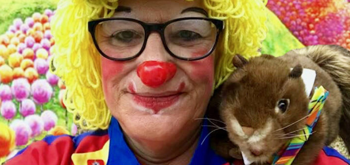 Linda Cooper dressed up as Noodles the clown