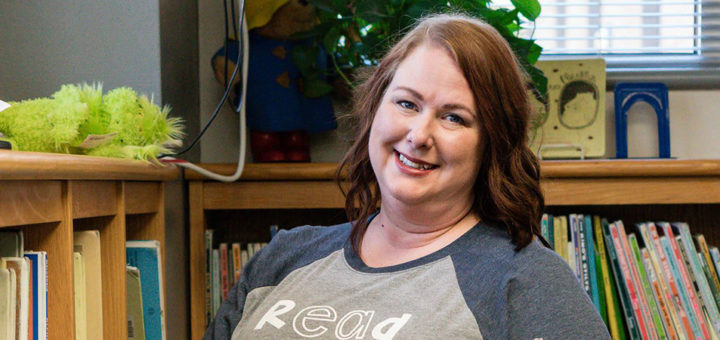 Amanda Rayburn in the Lamar Elementary library