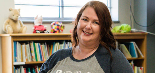 Amanda Rayburn in the library at Lamar Elementary School